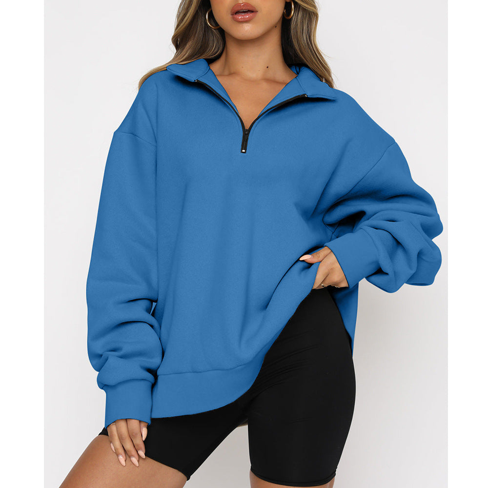 Sweat-shirt zippé femme à col rabattu – Haut pull ample et décontracté