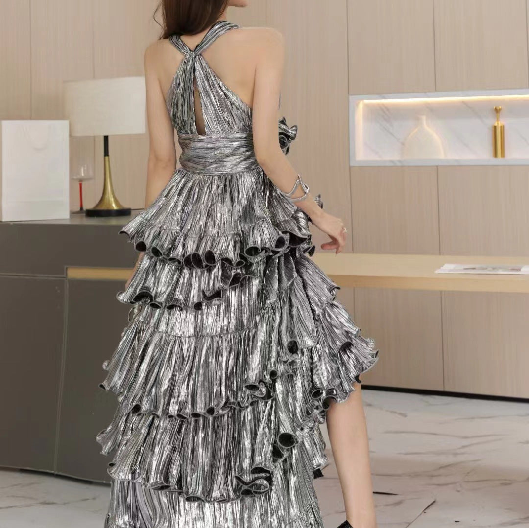 Robe Dovetail Volants Taille Haute pour Femme en Noir, Gris Argenté & Doré