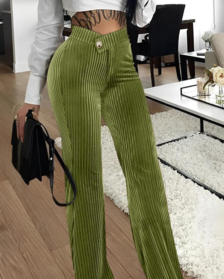 Gold Velvet Striped Casual Women's Pants