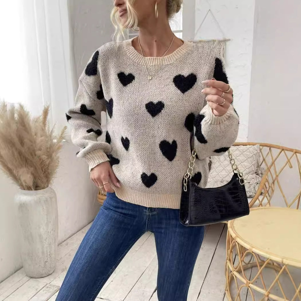 Love Contrast Color Round Neck Loose Casual Pullover Long Sleeve Sweater