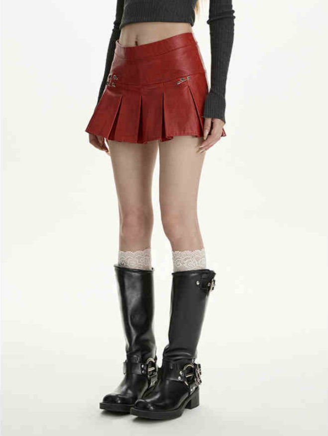 High Waist Pleated A-Line PU Leather Skirt for Women