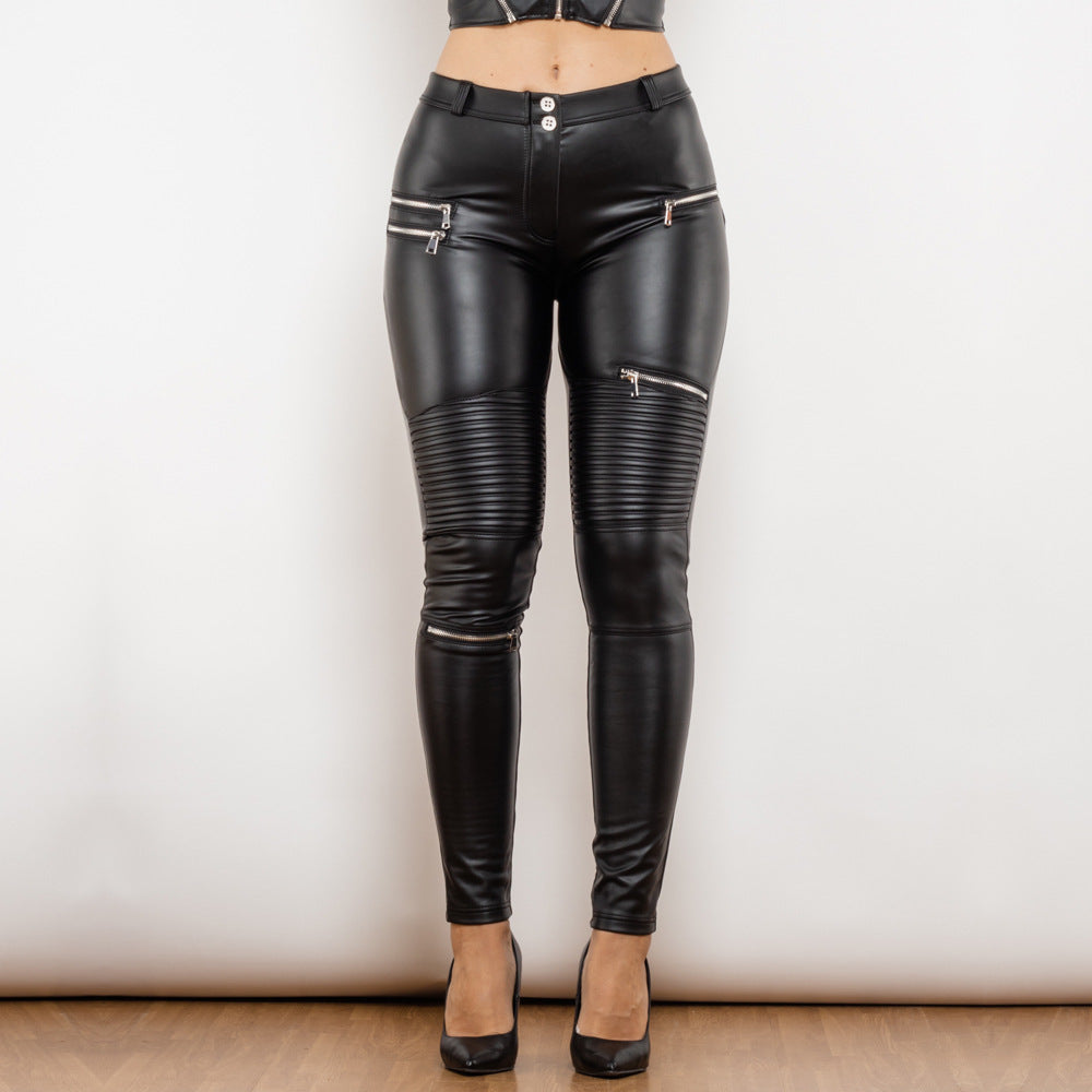 Matt Black High Elasticity PU Leather Smocking Pants for Women
