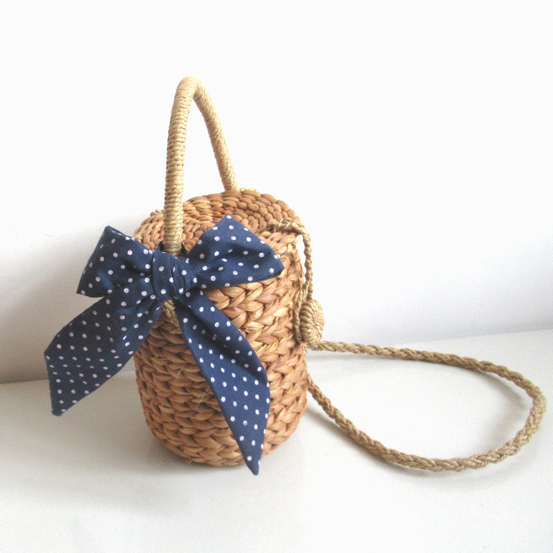 Small Cylinder Light Coffee Corn Fur Woven Bag with Bow