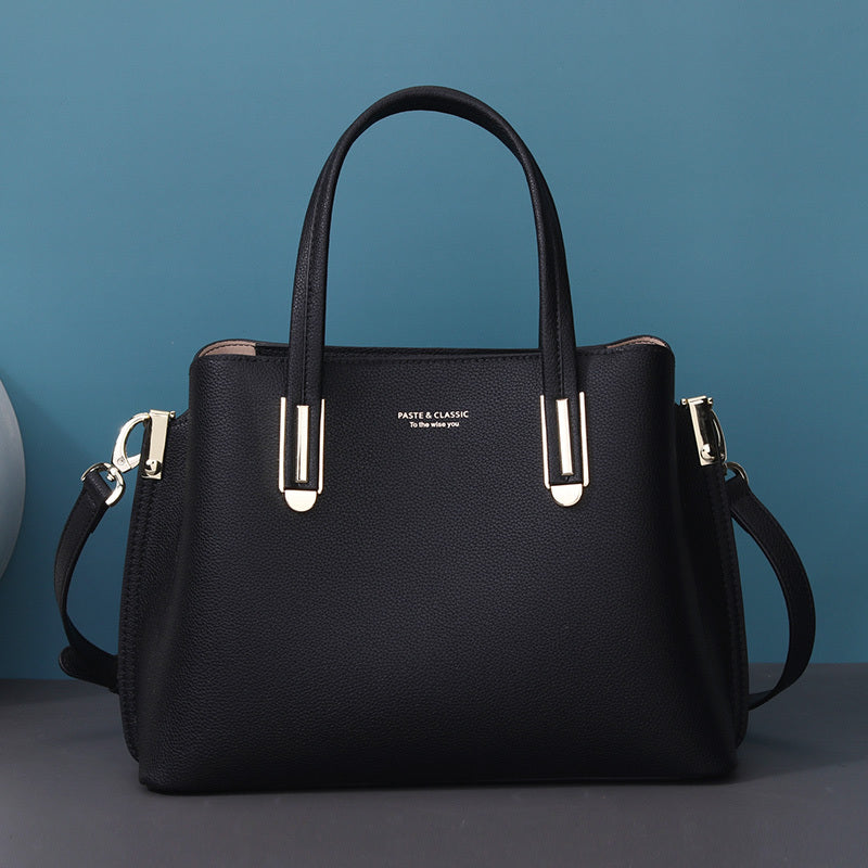 Women's Large Capacity Black Leather Messenger Bag 29x21x13cm