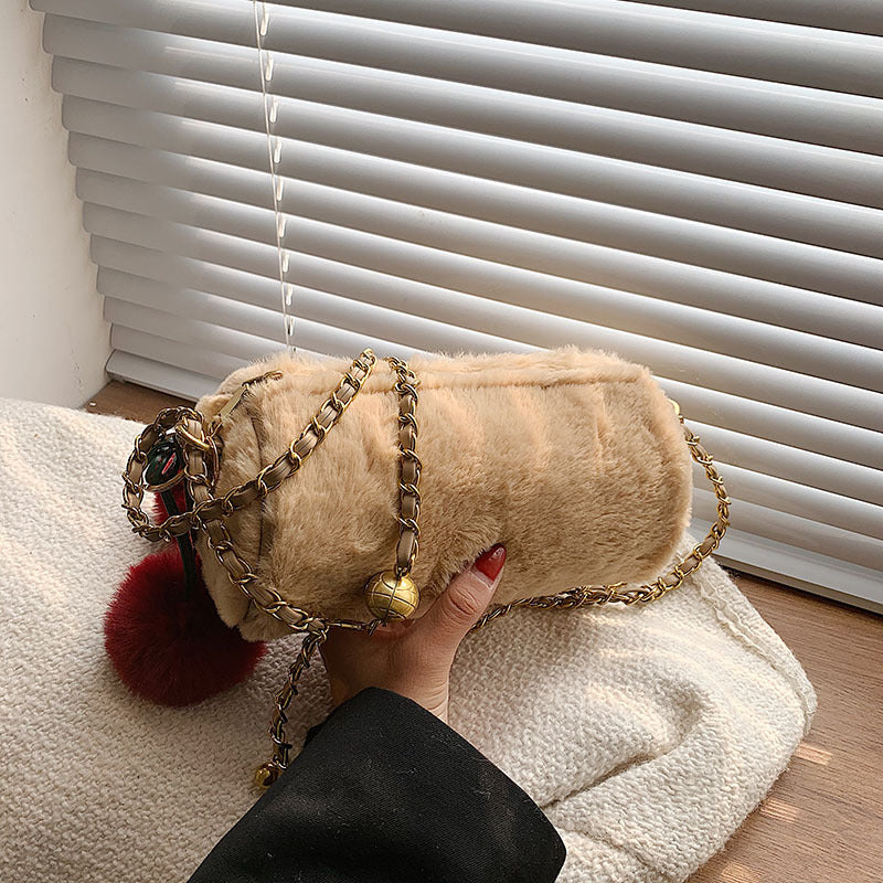 Winter Plush Cylinder Baguette Bag with Cherry Metal Chain