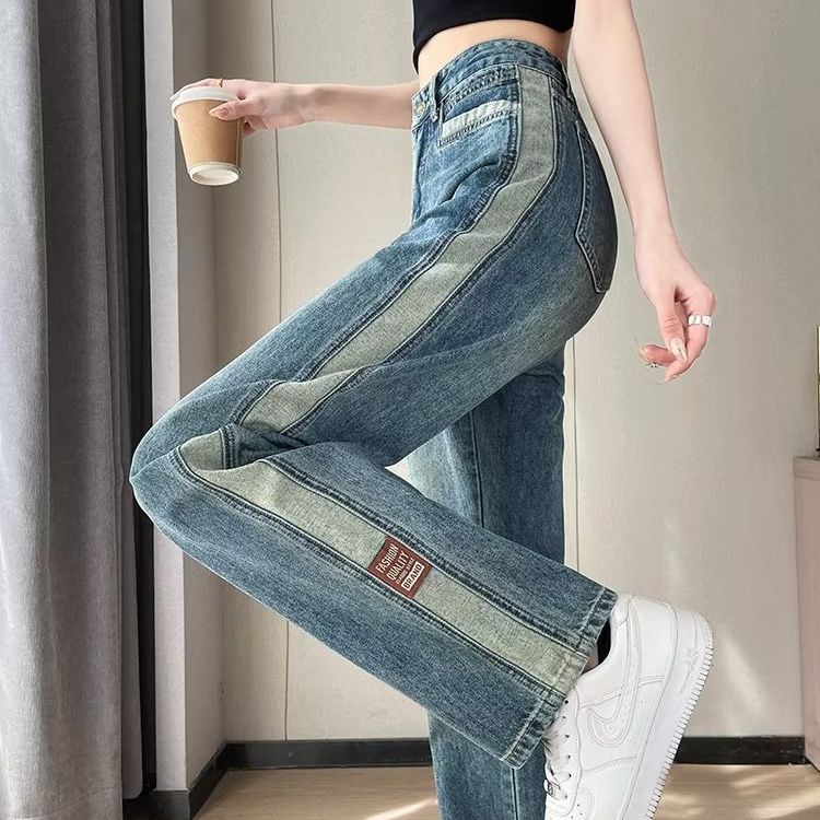 Jeans d'été en coton bleu coupe droite amples style rétro pour femme