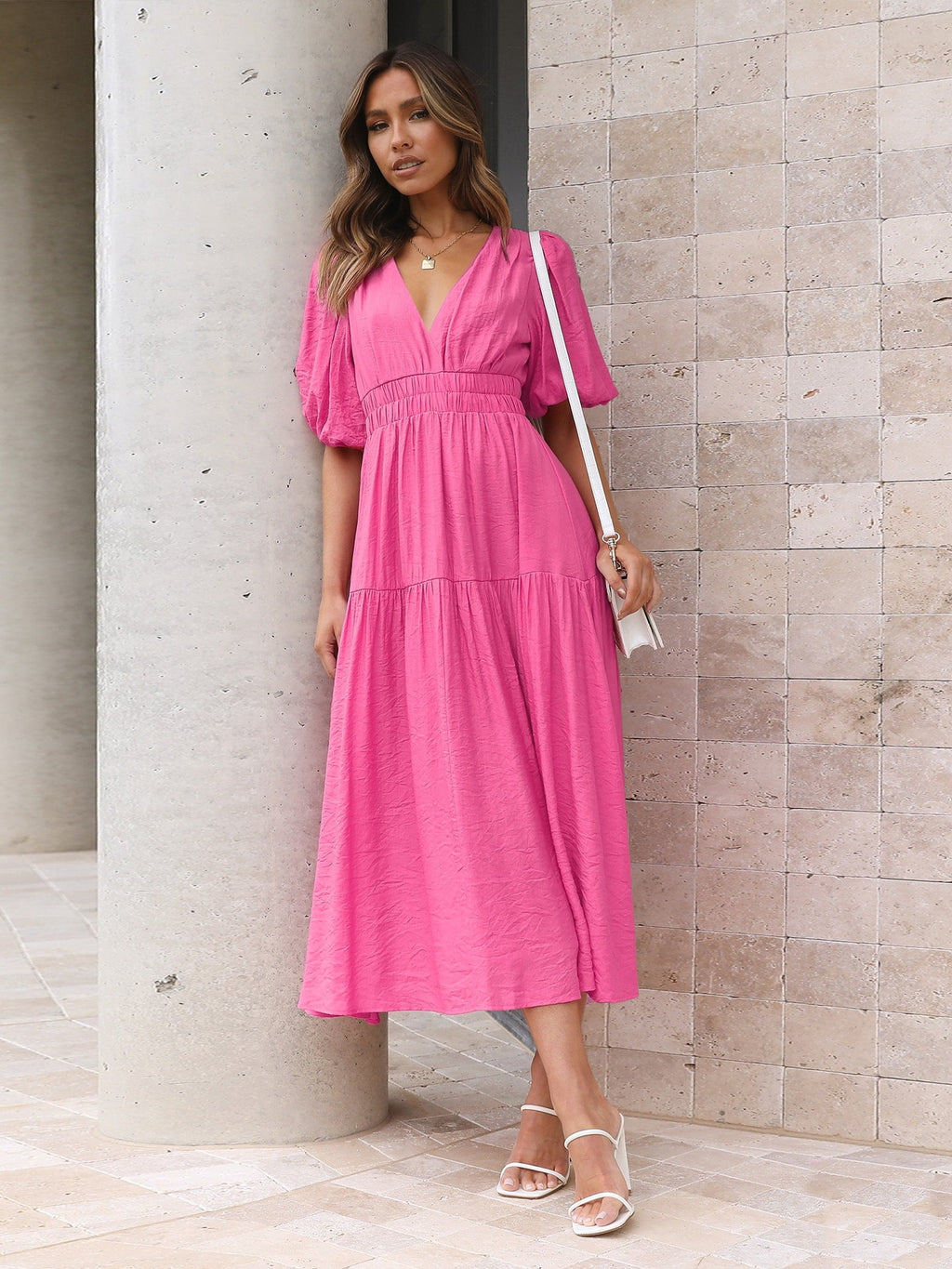 Deep V Puff Sleeve High Waist Flounced Dress for Women