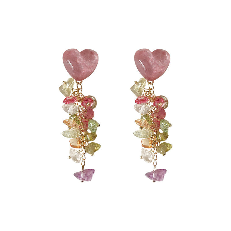 Handmade Copper Sweet Glass Crystal Silver Pin Long Tassel Earrings Mixed Color 6.7cm