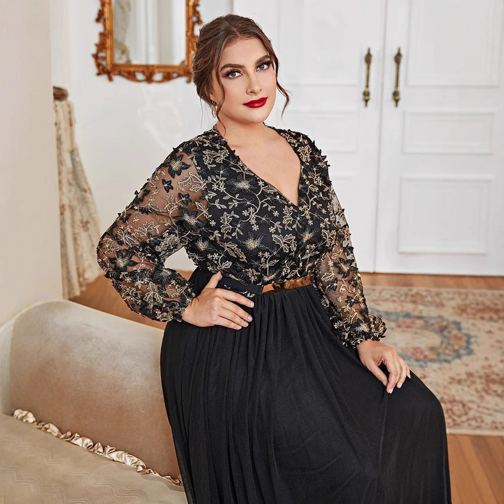 Muslim European And American Plus Size Dress V-neck Black Panel