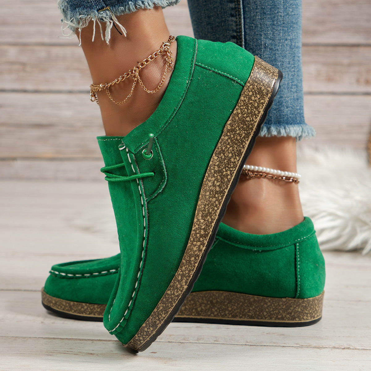 Chaussures plates décontractées à enfiler avec élastique vert pour femme