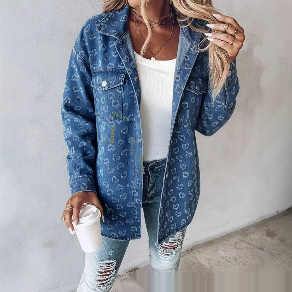 Veste en jean jacquard bleu cœur rétro femme, imprimé intégral