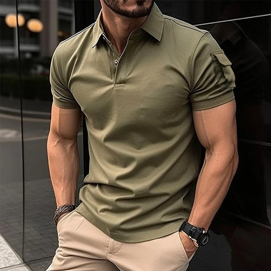 Men's Lapel Button Arm Short Sleeve Pocket Sweatshirt