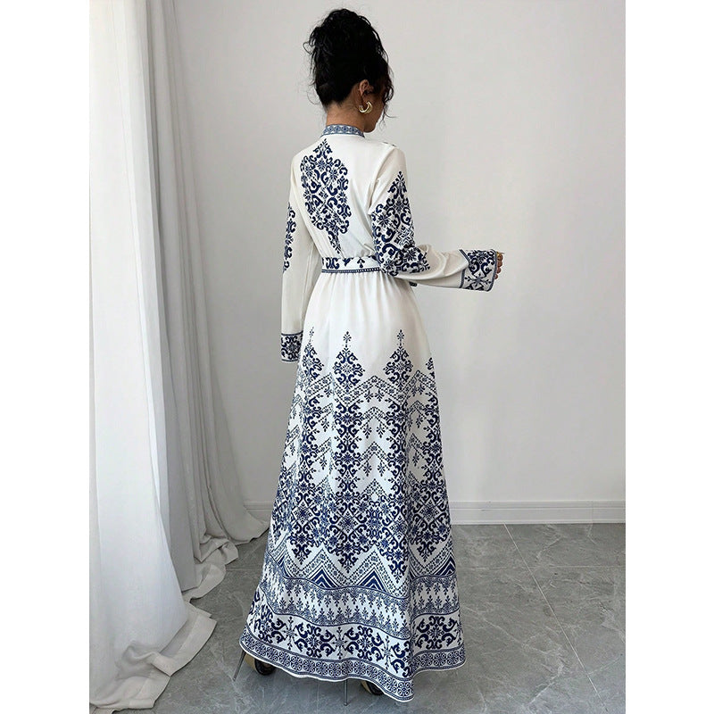 Vintage Blue Floral Women's Dress High Waist Short Sleeve