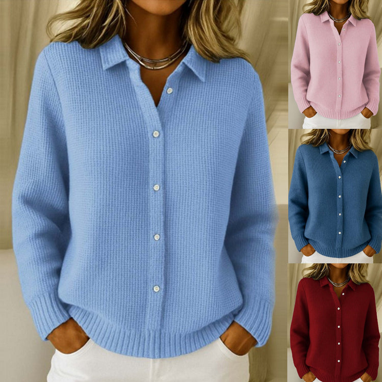 Pull décontracté tricoté à revers boutonné et manches longues pour femme