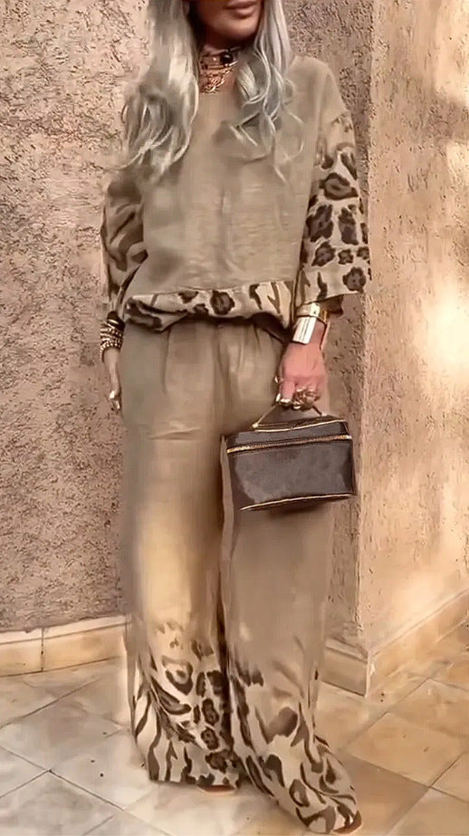 Women's Casual Cool Cotton And Linen Leopard Print Printed Two-piece Suit