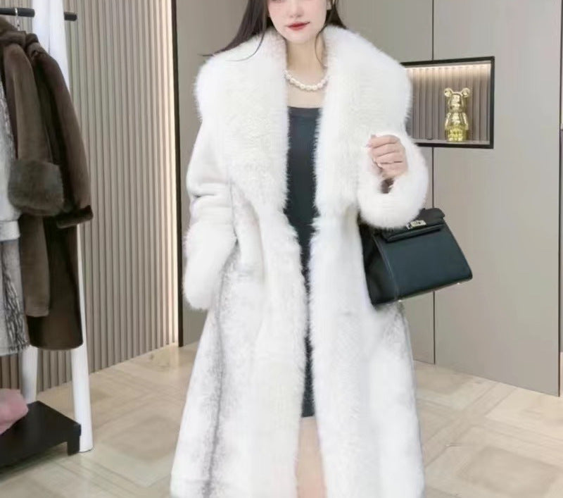 Women’s Mink Fur Collar Leather Overcoat Medium Length