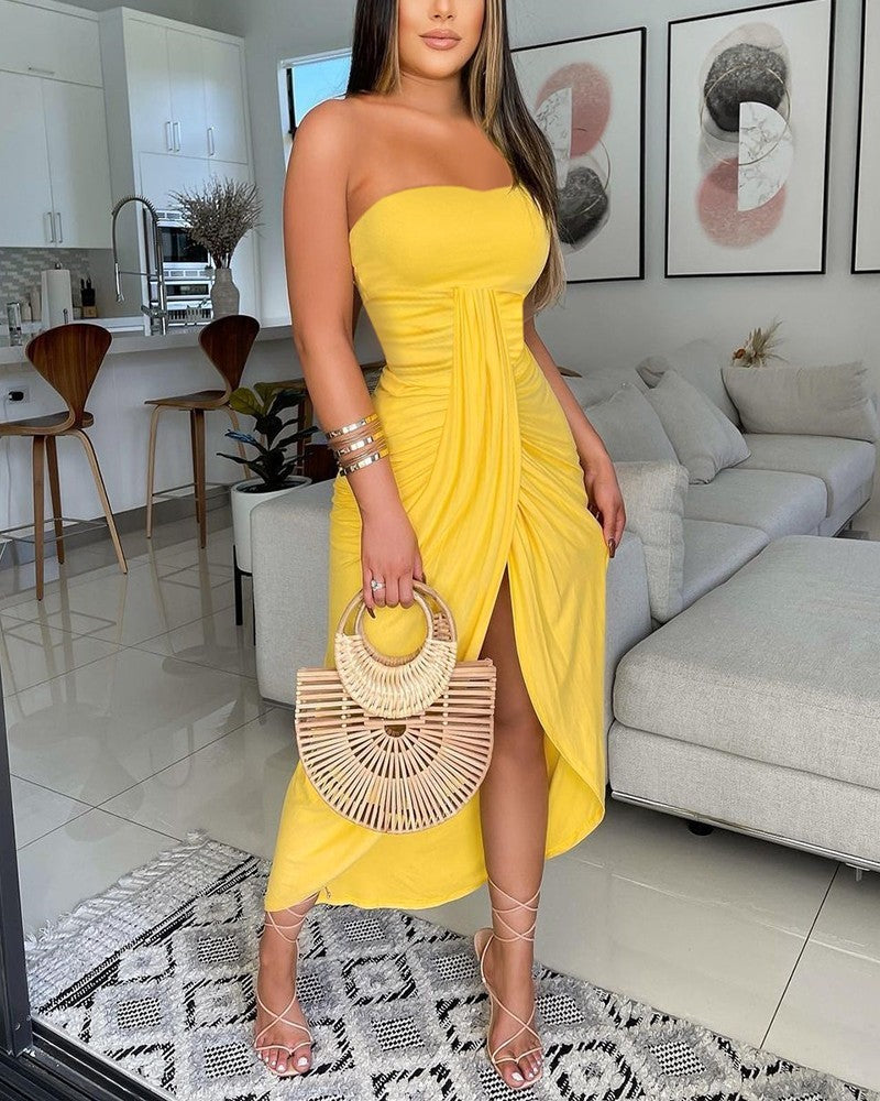 Women's Solid Color Sexy Tube Top Pleated Slit Sleeveless Dress Women