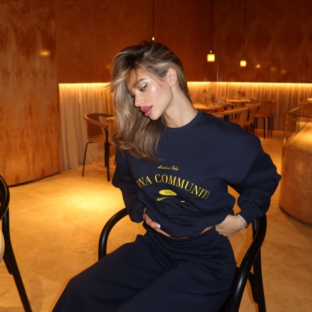 Ensemble deux pièces décontracté rétro avec pull et imprimé de lettres urbaines, col rond ample