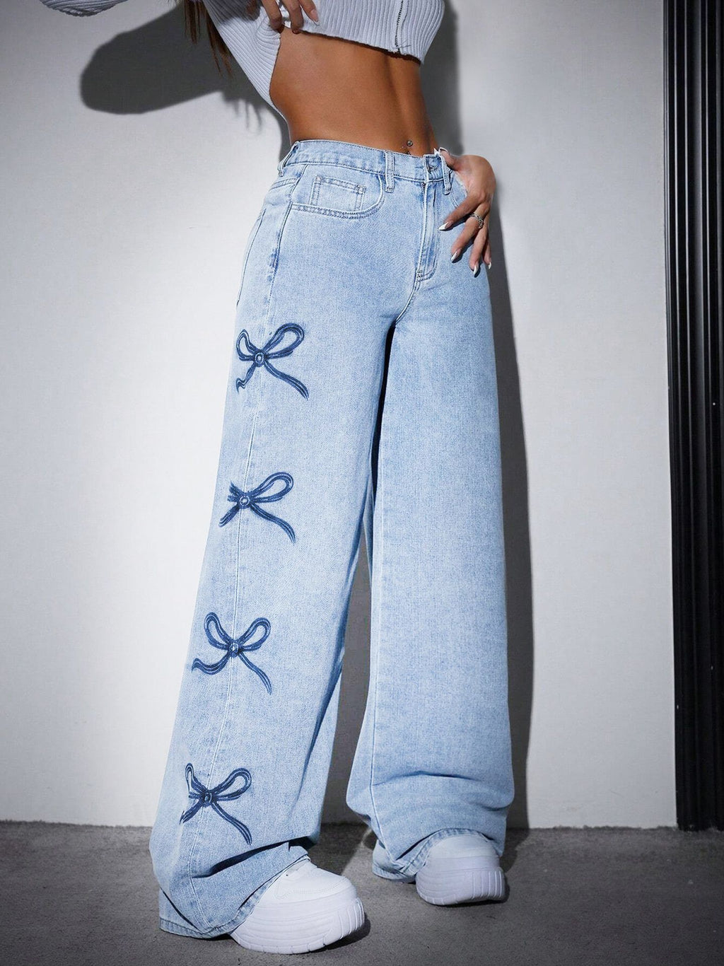 High-Waisted Printed Straight-Leg Wide-Leg Denim Jeans