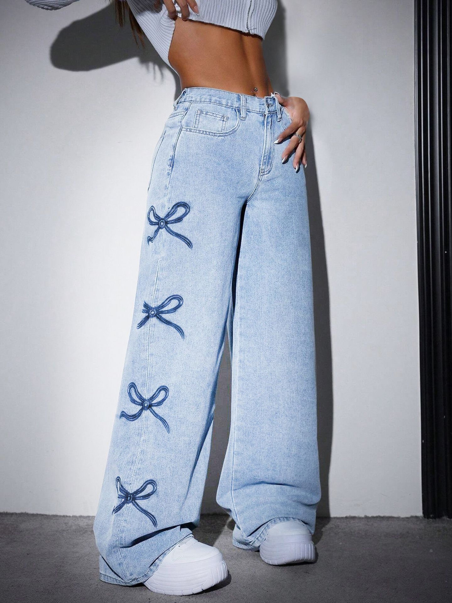 High-Waisted Printed Straight-Leg Wide-Leg Denim Jeans