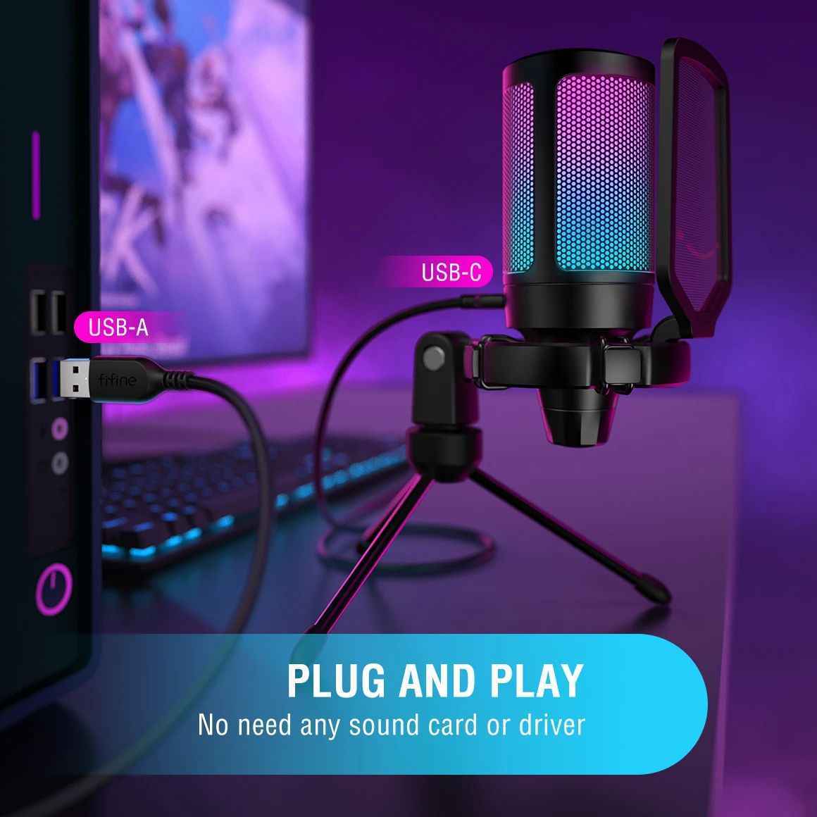 Microphone de jeu sans fil USB à condensateur pour PC PS4 PS5 Noir