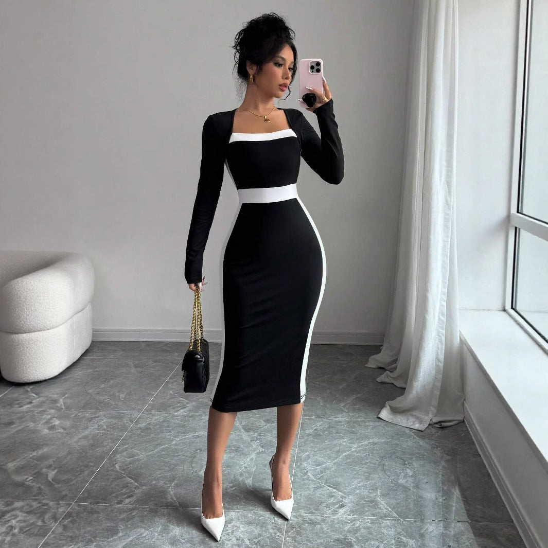Robe noire élégante moulante à col carré et manches longues pour femme