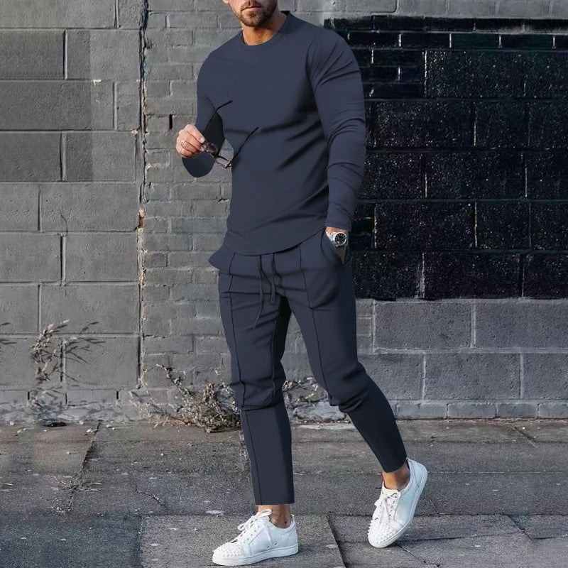Ensemble pull col rond à manches longues coupe ajustée et pantalon cigarette à cordon de serrage pour homme