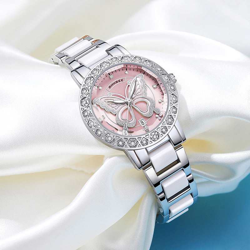 Montre de luxe pour femme ornée de diamants papillon avec calendrier et bracelet en acier