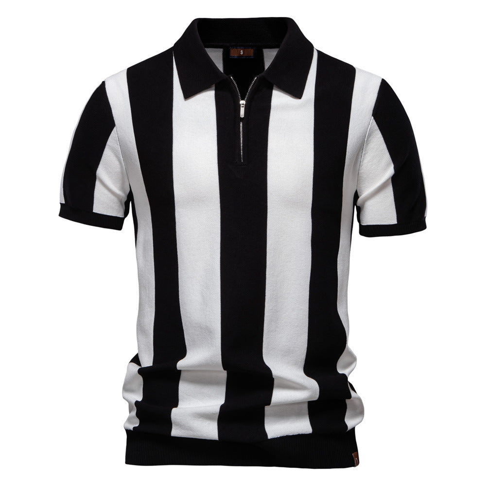 Men's Short-Sleeve Woolen Lapel Polo Shirt with Stripes