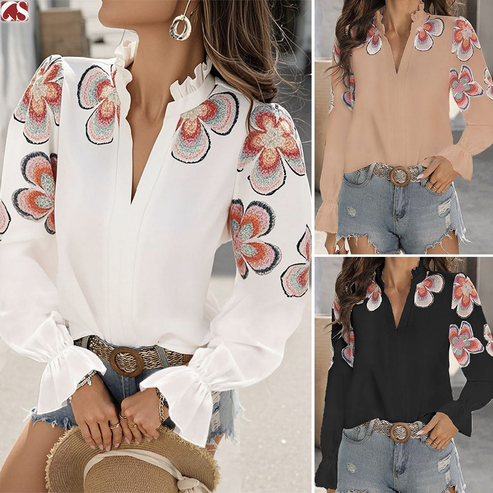 Fashion V-neck Puff Sleeve Ruffled Printed Solid Color Blouse