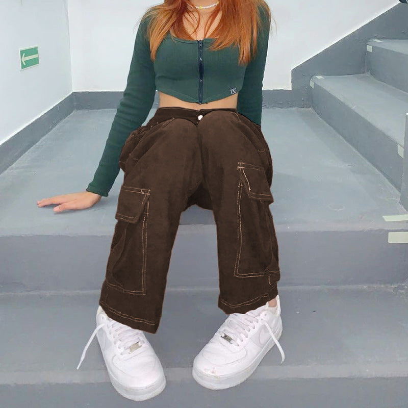 Pantalon cargo droit en jean marron pour femme multi-poches taille basse