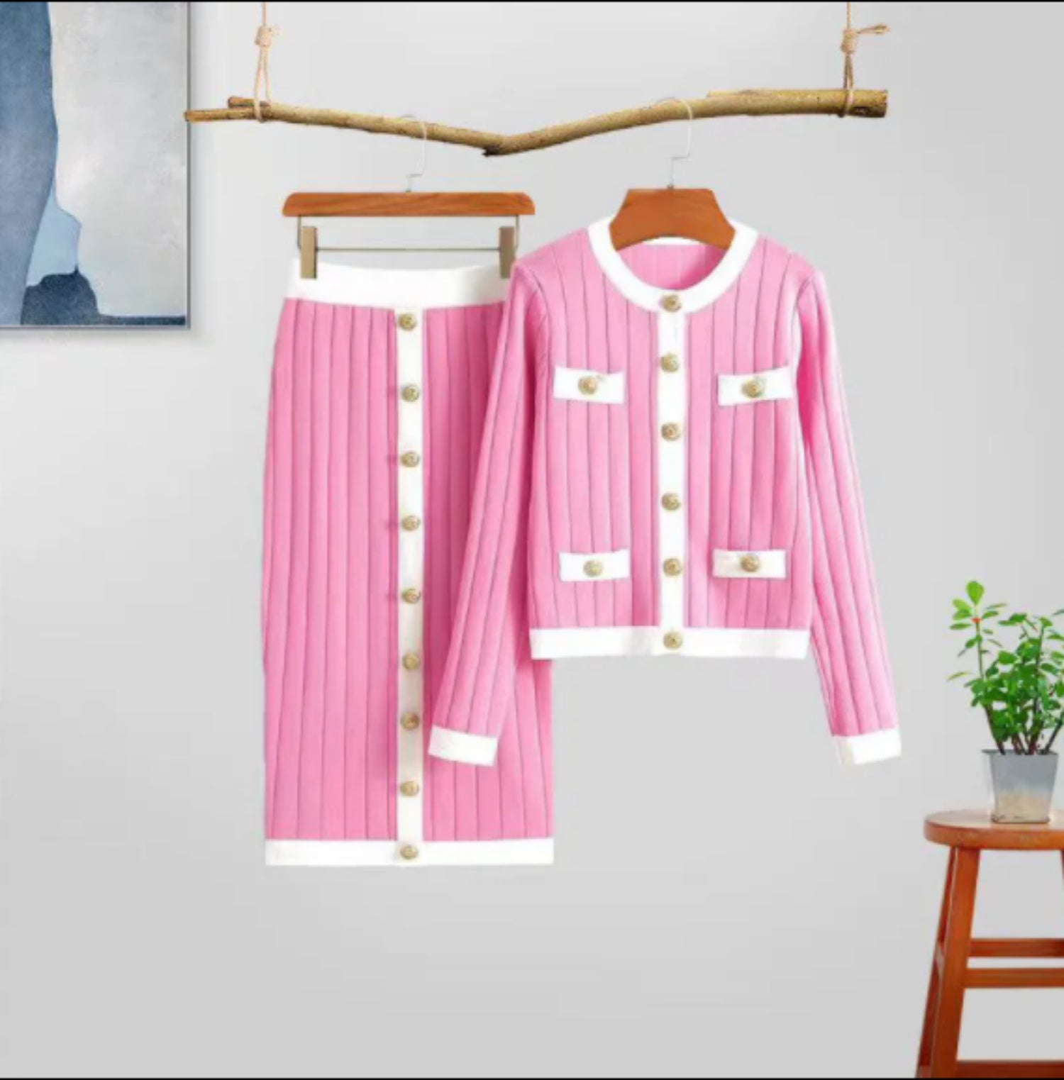 Knitted Two-Piece Cardigan Set with Skirt