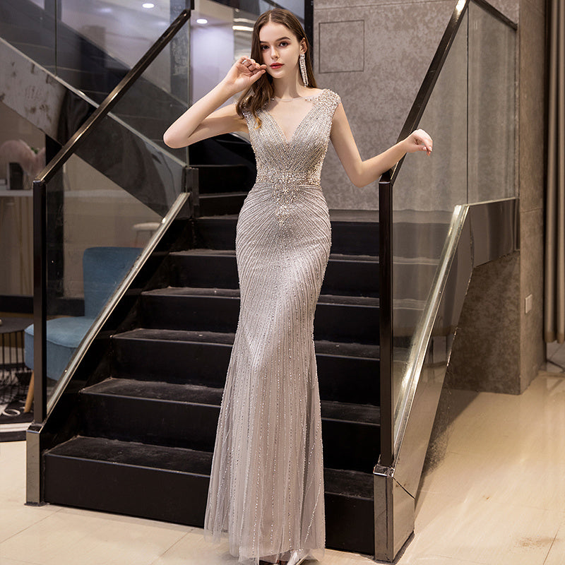 Banquet Sleeveless Fishtail Evening Dress for Host Performance