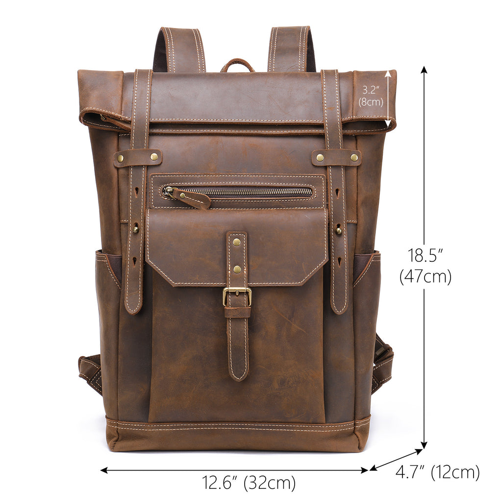 Retro Crazy Horse Leather Men's Backpack Large Coffee