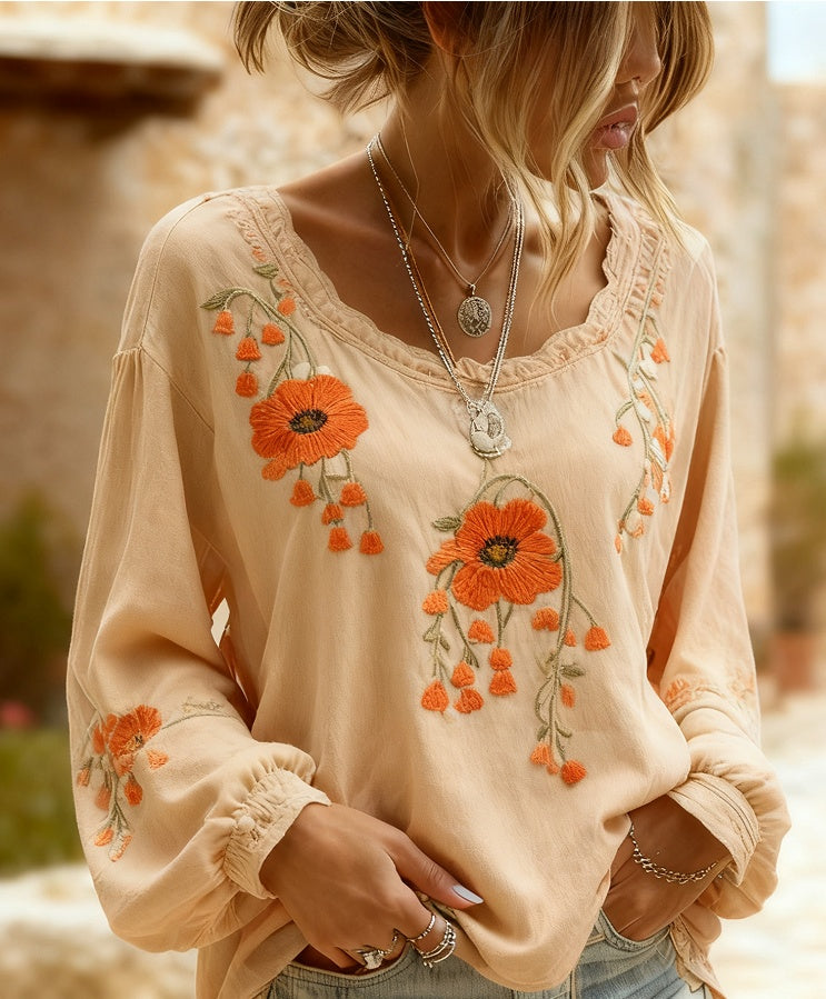 Women's Bohemian Style V-Neck Long Sleeve Shirt - Loose Printed Top