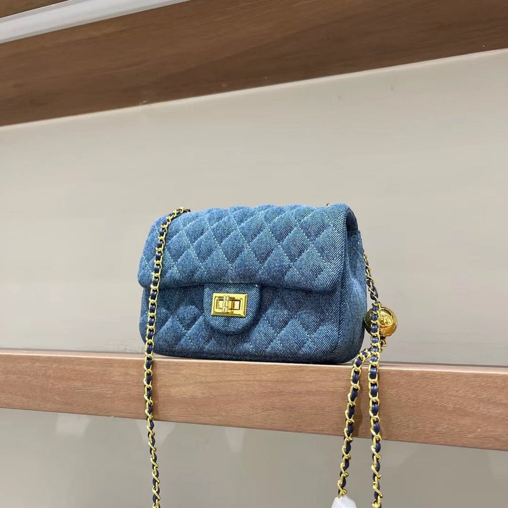 Blue Denim Small Square Chain Bag with Golden Ball Chain