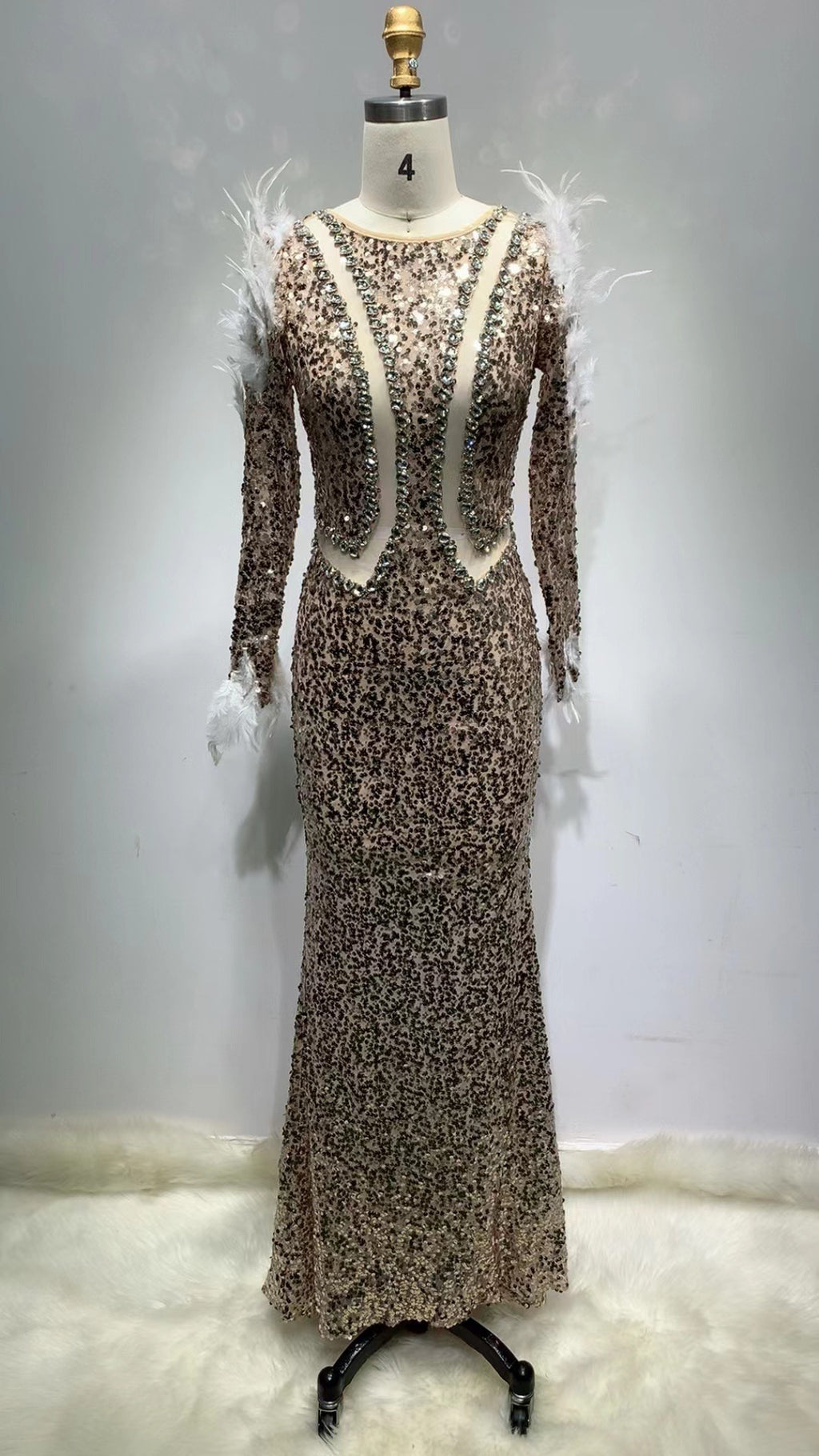 Milky White Sequins Sheath Long Bandage Dress with Nine-Quarter Sleeves