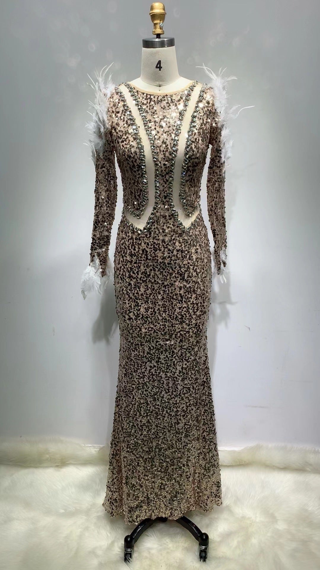 Milky White Sequins Sheath Long Bandage Dress with Nine-Quarter Sleeves