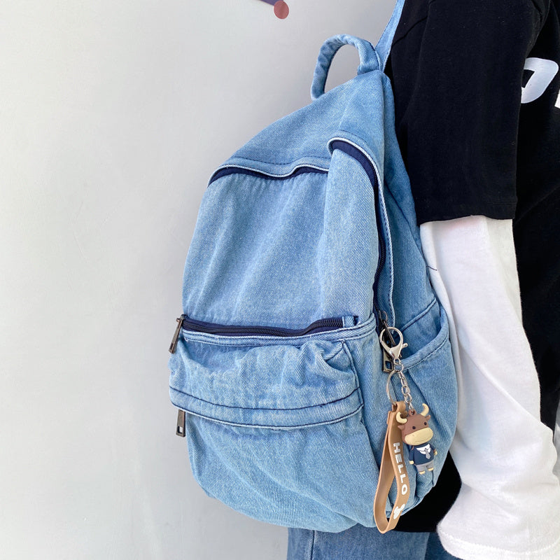 Minimalist Washed Denim Canvas Shoulder Bag - Blue & Grey, 38x34x12CM