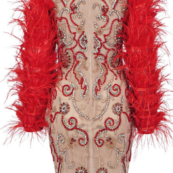 Red Feather Mesh Rhinestone Dress with Long Sleeves for Women