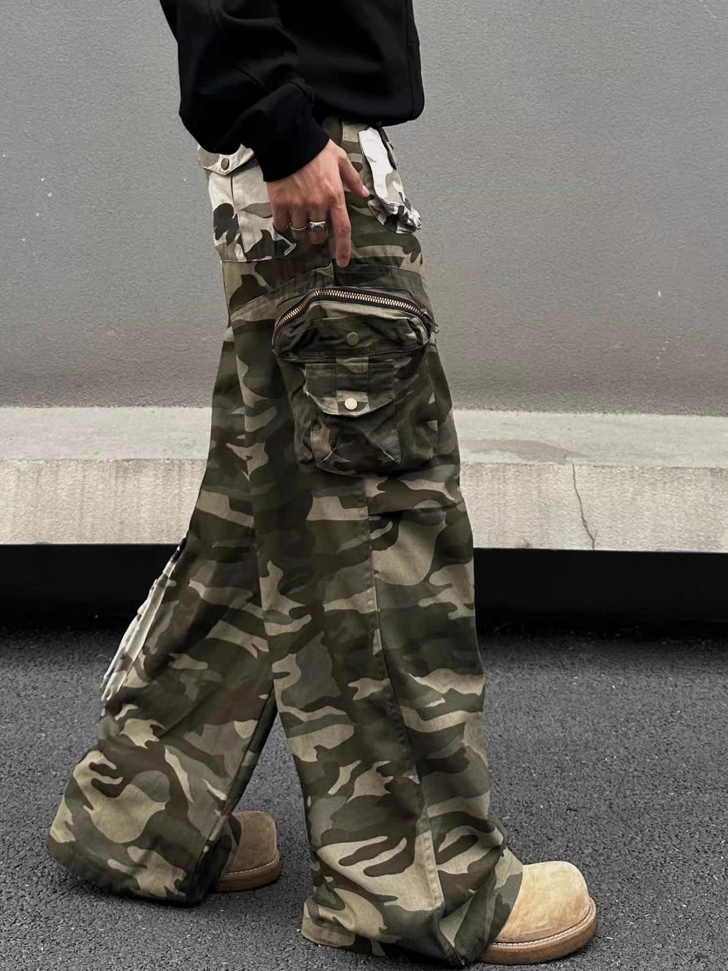 Stitched Camouflage Overalls Men's Retro Straight Casual Pants