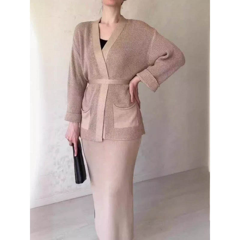 Thermal Knitted Lace-Up Cardigan & Long Skirt Two-Piece Sweater Set