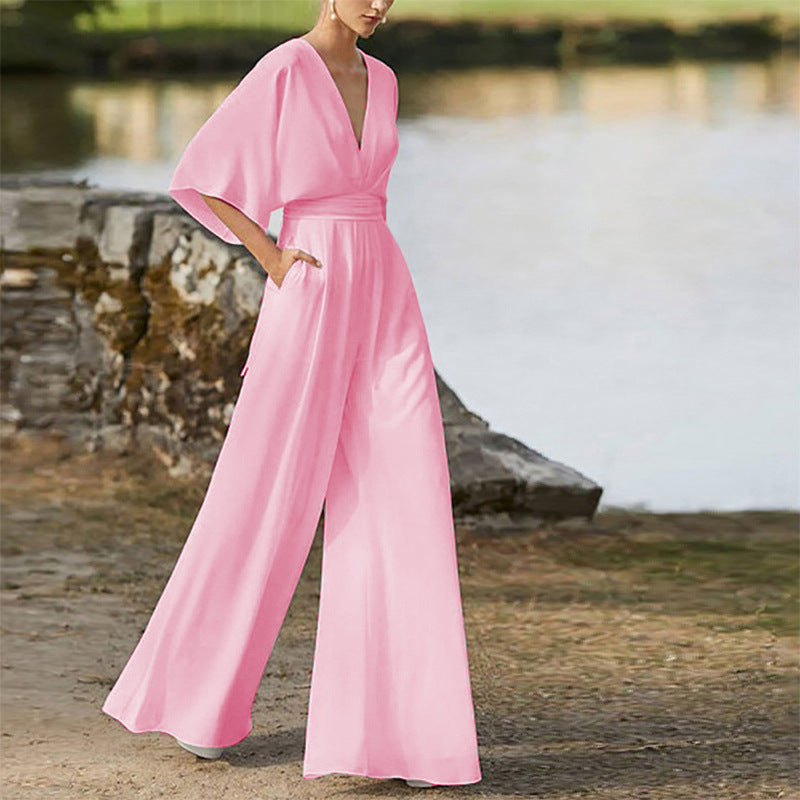 Women's Deep V High Waist Wide Leg Jumpsuit