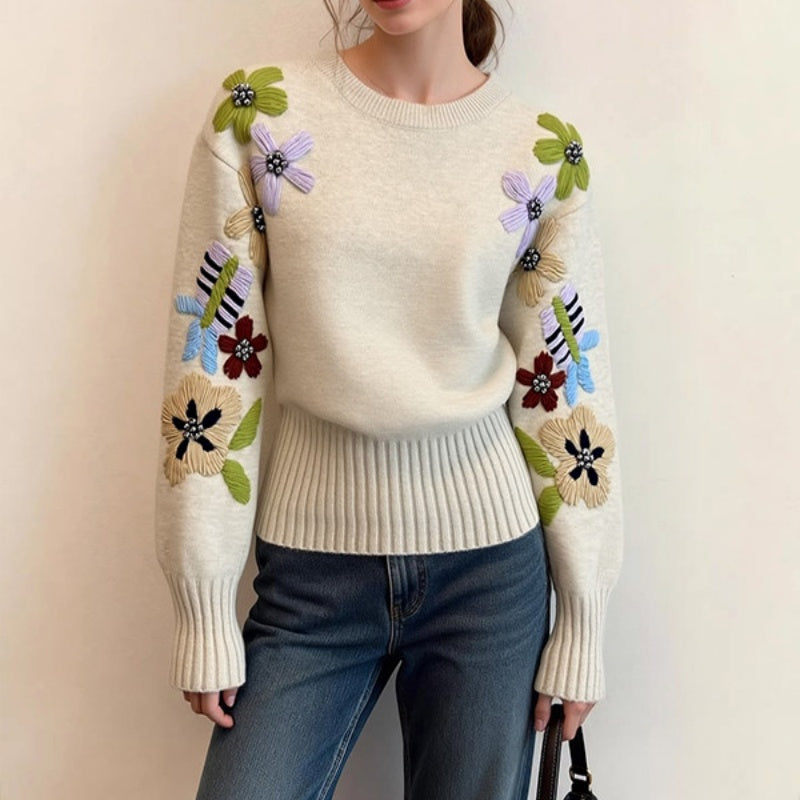 Vintage Loose Knit Sweater with Floral Embroidery - Off-White, Long Sleeve, Women’s S-XL