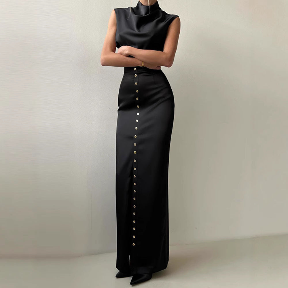 Summer Sleeveless Pile Collar Top with Breasted Slim Fit Skirt Set in Blue & Black
