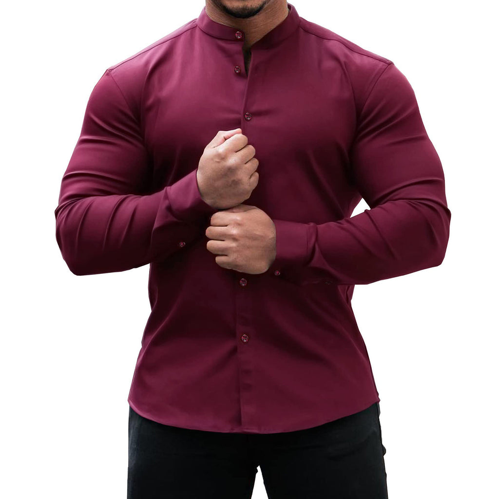 Men's Casual Long Sleeve Slim Button-Down Shirt Solid Colors Polyester