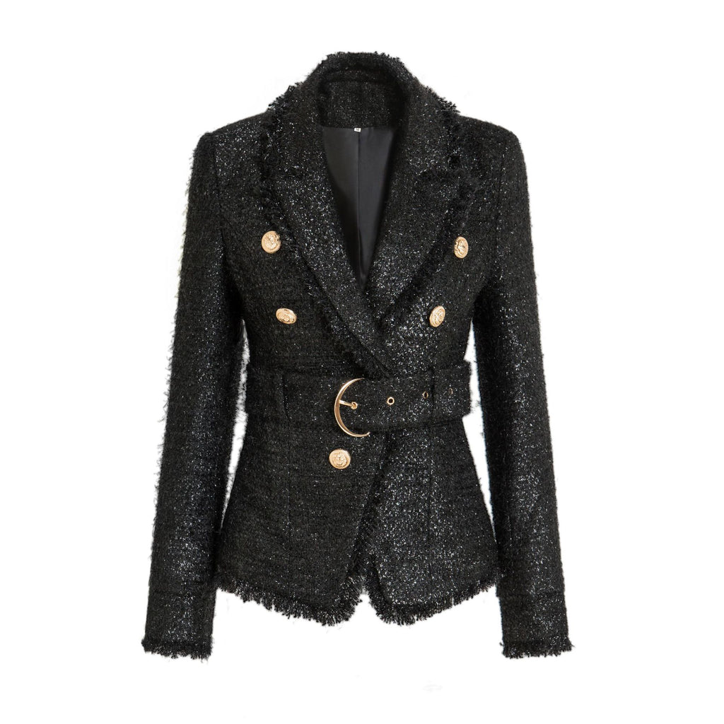 Veste blazer noire vintage double boutonnage coupe ajustée pour femme