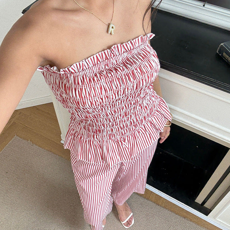 Ensemble femme sans bretelles rayé et pantalon droit en polyester