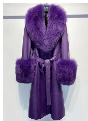 Slim-Fit Genuine Leather Sheepskin Coat with Fox Fur Collar