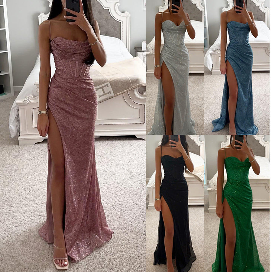 Robe longue d'été sexy à col en V fendue avec bretelles pour femmes